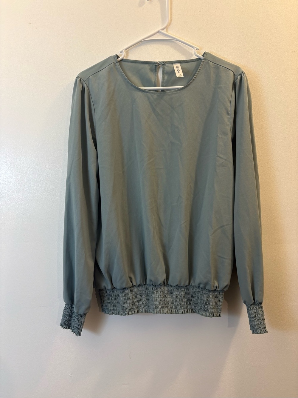 Zenana Outfitters Sage Green Long Sleeve Smocked-Hem Blouse